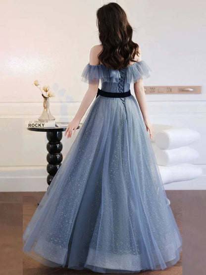 Enchanting A-line Off-the-shoulder Ruffled Glitter Dusty Blue Floor-length Prom Dress for Women Ready to Ship