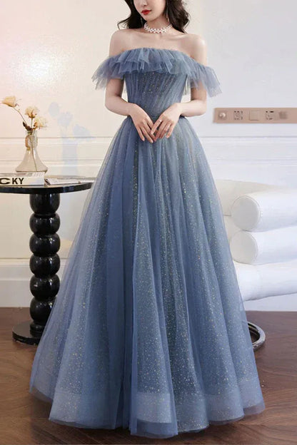 Enchanting A-line Off-the-shoulder Ruffled Glitter Dusty Blue Floor-length Prom Dress for Women Ready to Ship