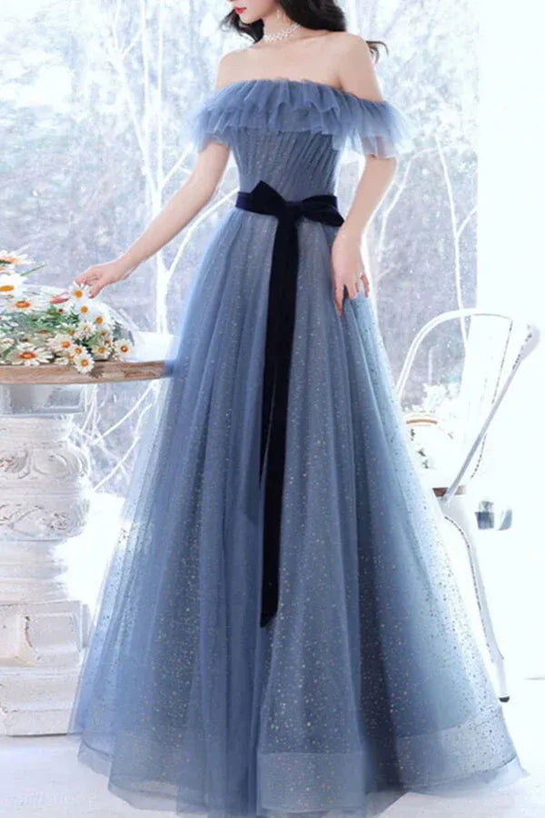 Enchanting A-line Off-the-shoulder Ruffled Glitter Dusty Blue Floor-length Prom Dress for Women Ready to Ship