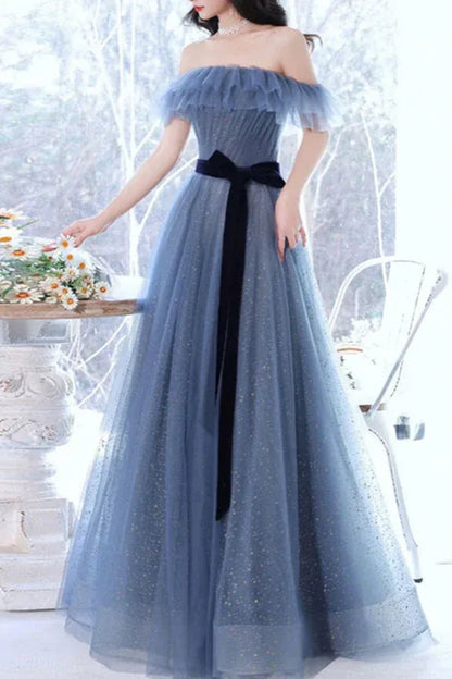 Enchanting A-line Off-the-shoulder Ruffled Glitter Dusty Blue Floor-length Prom Dress for Women Ready to Ship
