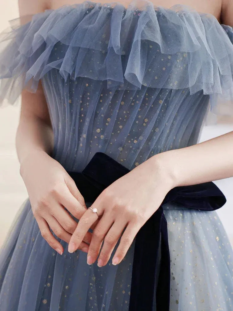 Enchanting A-line Off-the-shoulder Ruffled Glitter Dusty Blue Floor-length Prom Dress for Women Ready to Ship