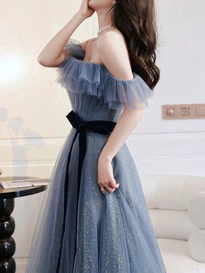 Enchanting A-line Off-the-shoulder Ruffled Glitter Dusty Blue Floor-length Prom Dress for Women Ready to Ship