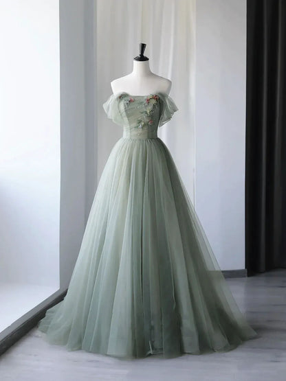 Enchanting A-line Off-the-shoulder Sleeveless Floral Sage Green Maxi Prom Dress for Women Custom