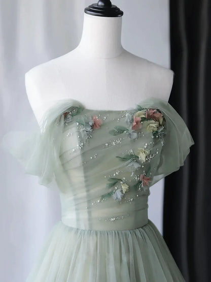 Enchanting A-line Off-the-shoulder Sleeveless Floral Sage Green Maxi Prom Dress for Women Custom