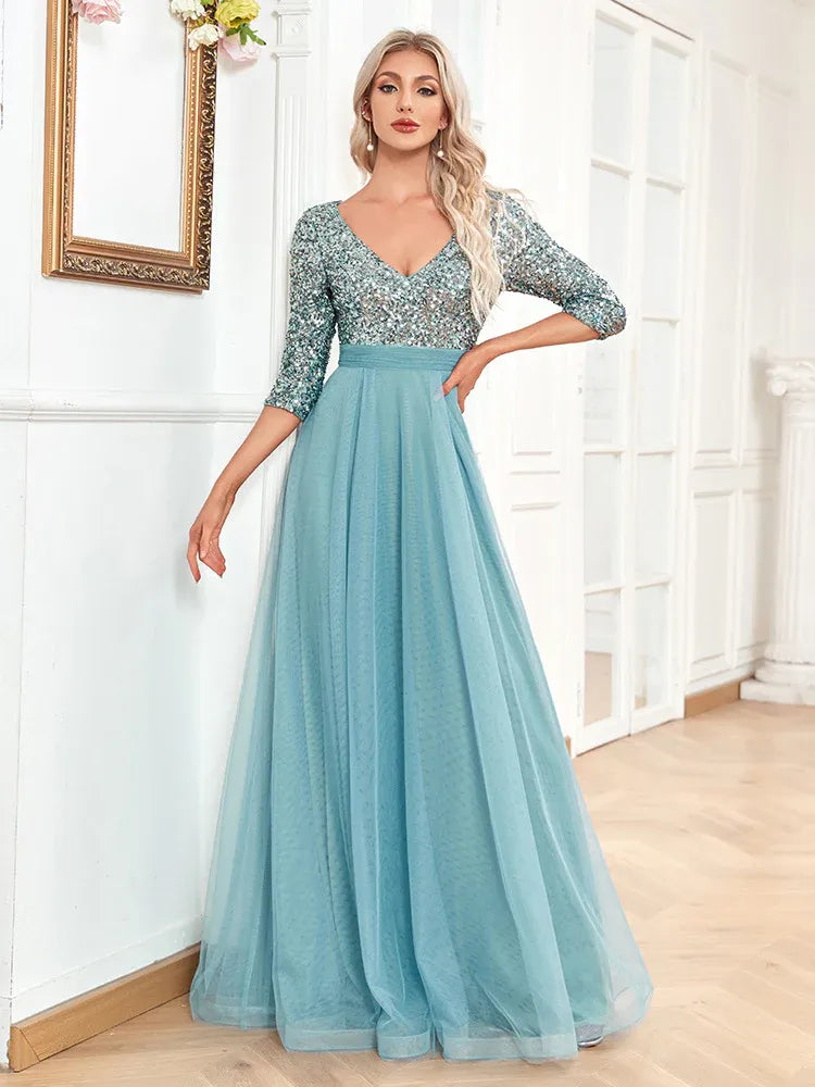 Enchanting A-line V-neck 3/4-sleeve Sequin Dusty Blue Maxi Prom Dress for Women Ready to Ship