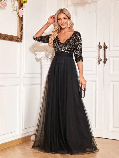 Enchanting A-line V-neck 3/4-sleeve Sequin Dusty Blue Maxi Prom Dress for Women Ready to Ship