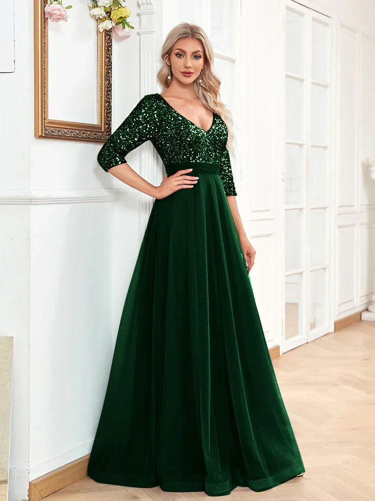 Enchanting A-line V-neck 3/4-sleeve Sequin Dusty Blue Maxi Prom Dress for Women Ready to Ship