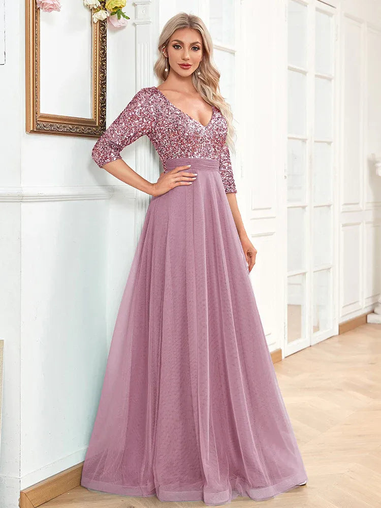 Enchanting A-line V-neck 3/4-sleeve Sequin Dusty Blue Maxi Prom Dress for Women Ready to Ship