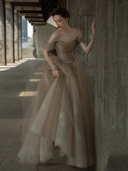 Enchanting Ball Gown Off-shoulder Embellished Tulle Taupe Train Prom Dress Custom