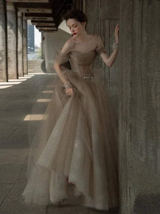 Enchanting Ball Gown Off-shoulder Embellished Tulle Taupe Train Prom Dress Custom