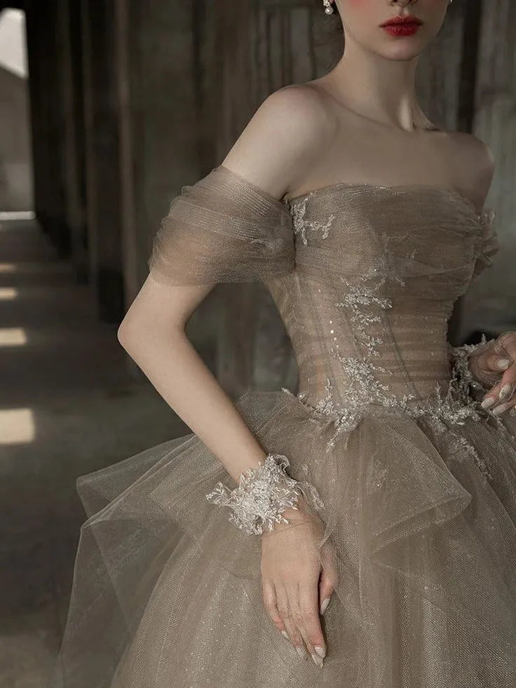 Enchanting Ball Gown Off-shoulder Embellished Tulle Taupe Train Prom Dress Custom