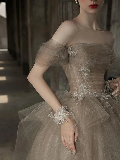 Enchanting Ball Gown Off-shoulder Embellished Tulle Taupe Train Prom Dress Custom