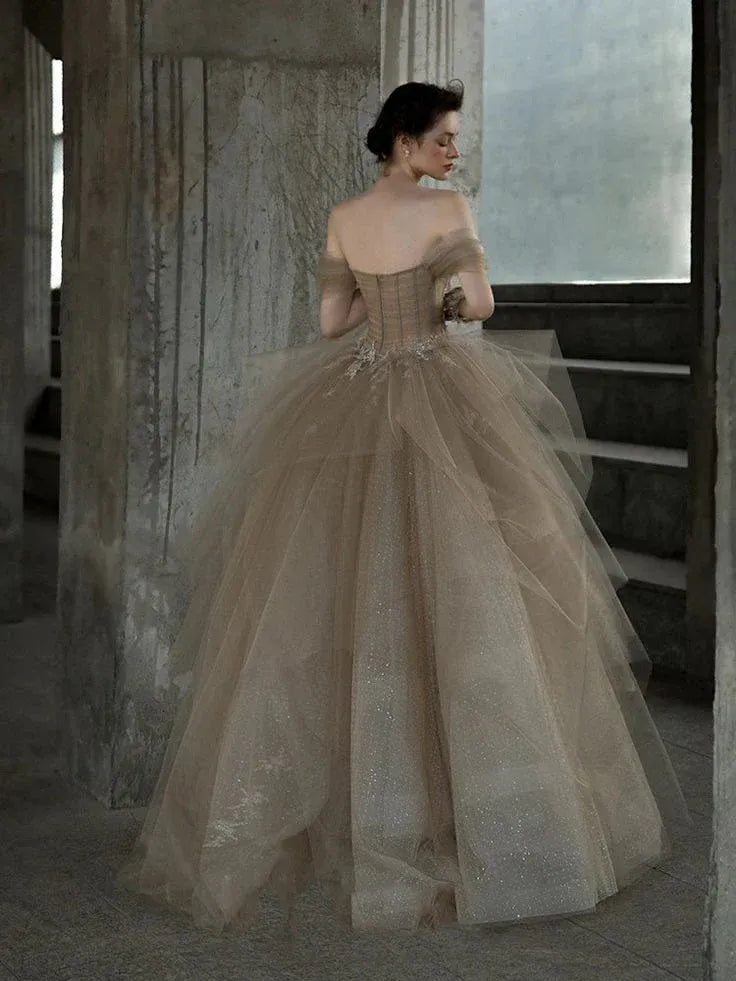 Enchanting Ball Gown Off-shoulder Embellished Tulle Taupe Train Prom Dress Custom