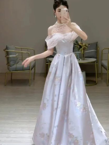 Enchanting Ball Gown Off-the-shoulder Sleeveless Floral Lilac Maxi Prom Dress for Women Custom