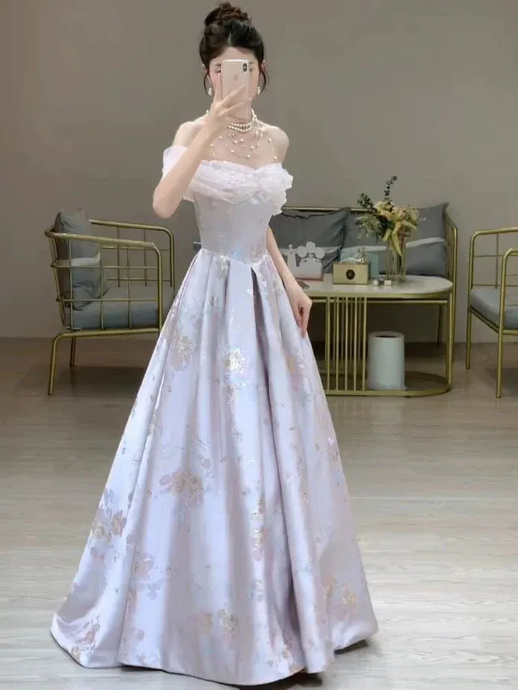Enchanting Ball Gown Off-the-shoulder Sleeveless Floral Lilac Maxi Prom Dress for Women Custom