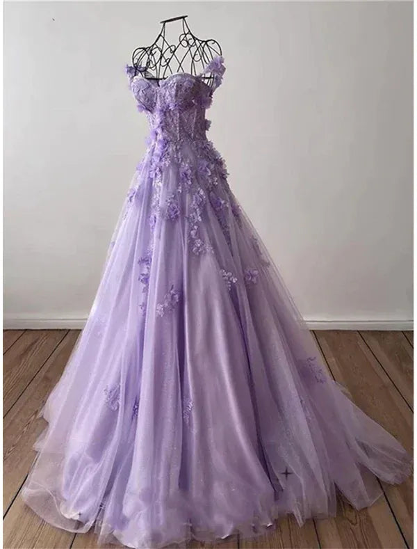 Enchanting Ball Gown Off-the-shoulder Sleeveless Floral Lilac Maxi Prom Dress for Women Custom