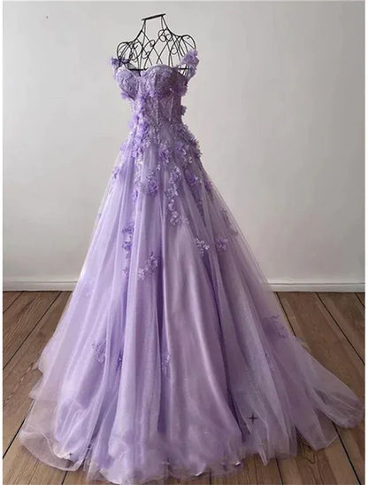 Enchanting Ball Gown Off-the-shoulder Sleeveless Floral Lilac Maxi Prom Dress for Women Custom