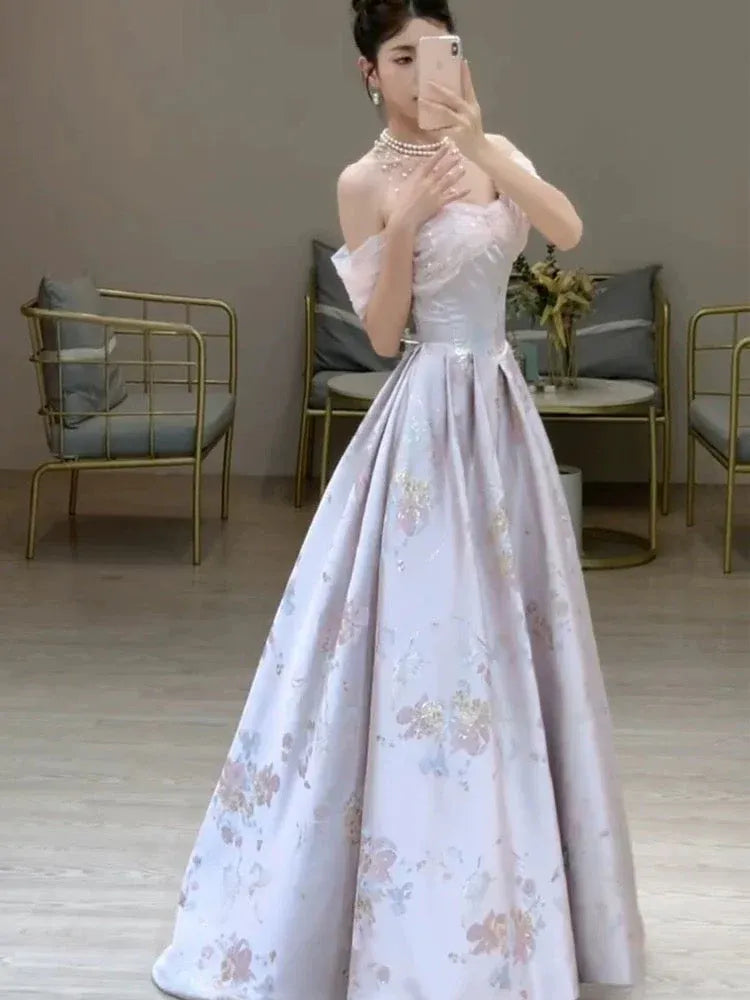 Enchanting Ball Gown Off-the-shoulder Sleeveless Floral Lilac Maxi Prom Dress for Women Custom
