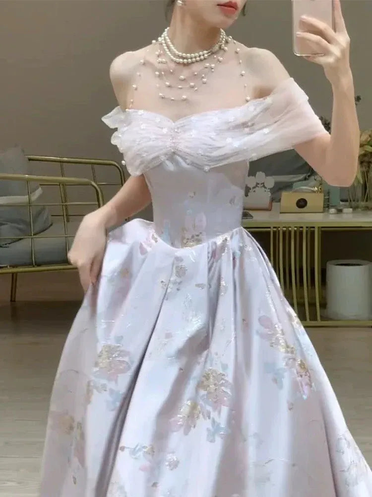 Enchanting Ball Gown Off-the-shoulder Sleeveless Floral Lilac Maxi Prom Dress for Women Custom