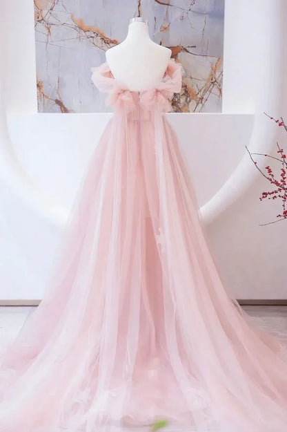 Enchanting Ballgown Off-Shoulder Puff-Sleeve Beaded-Tulle Blush Maxi Evening Dress for Women