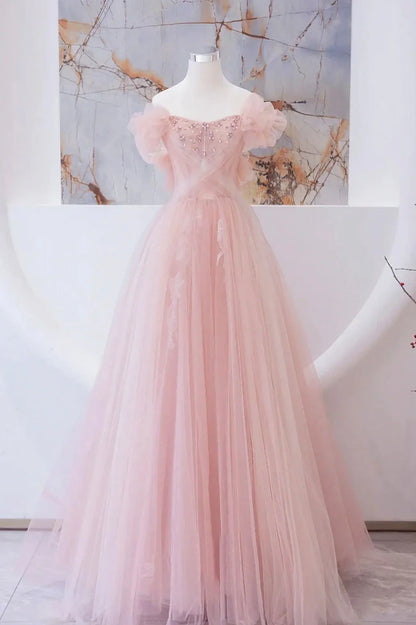 Enchanting Ballgown Off-Shoulder Puff-Sleeve Beaded-Tulle Blush Maxi Evening Dress for Women
