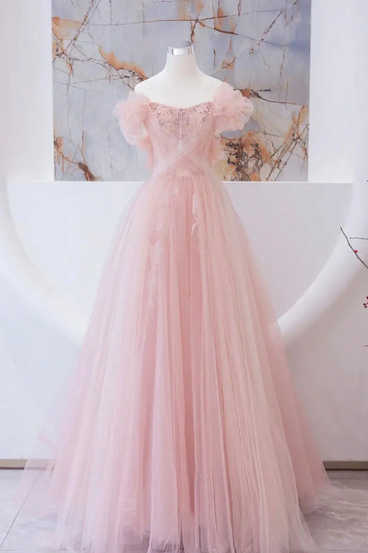 Enchanting Ballgown Off-Shoulder Puff-Sleeve Beaded-Tulle Blush Maxi Evening Dress for Women