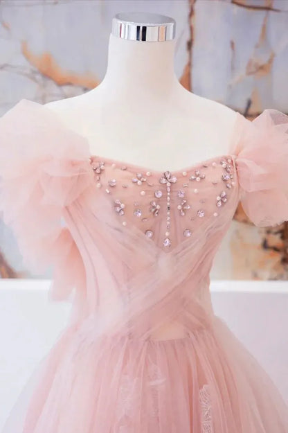 Enchanting Ballgown Off-Shoulder Puff-Sleeve Beaded-Tulle Blush Maxi Evening Dress for Women