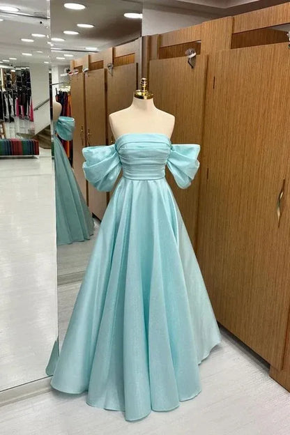 Enchanting Ballgown Off-the-Shoulder Puff-Sleeve Ruched Satin Mint Floor-Length Evening Dress for Women