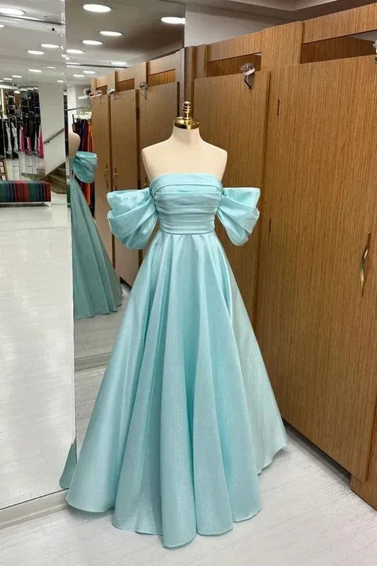Enchanting Ballgown Off-the-Shoulder Puff-Sleeve Ruched Satin Mint Floor-Length Evening Dress for Women