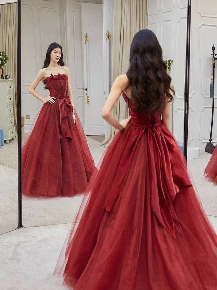 Enchanting Ballgown Strapless Sleeveless Bow-Accent Burgundy Long Prom Dress for Women Ready to Ship