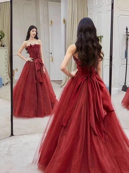 Enchanting Ballgown Strapless Sleeveless Bow-Accent Burgundy Long Prom Dress for Women Ready to Ship