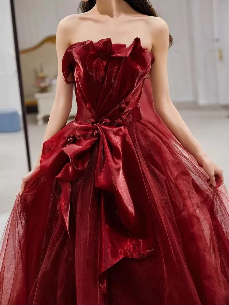 Enchanting Ballgown Strapless Sleeveless Bow-Accent Burgundy Long Prom Dress for Women Ready to Ship