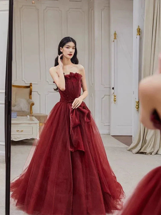 Enchanting Ballgown Strapless Sleeveless Bow-Accent Burgundy Long Prom Dress for Women Ready to Ship