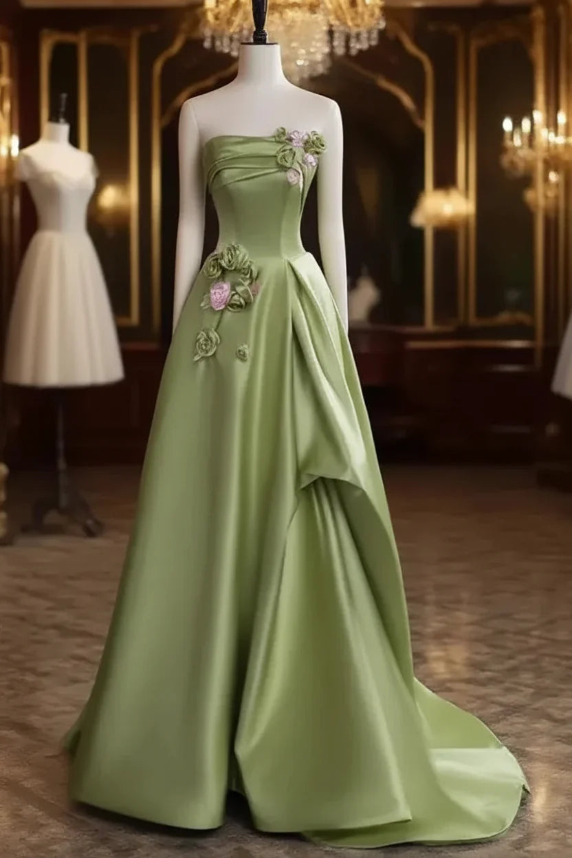 Enchanting Ballgown Strapless Sleeveless Flower-Accented Sage Maxi Prom Dress for Women Custom