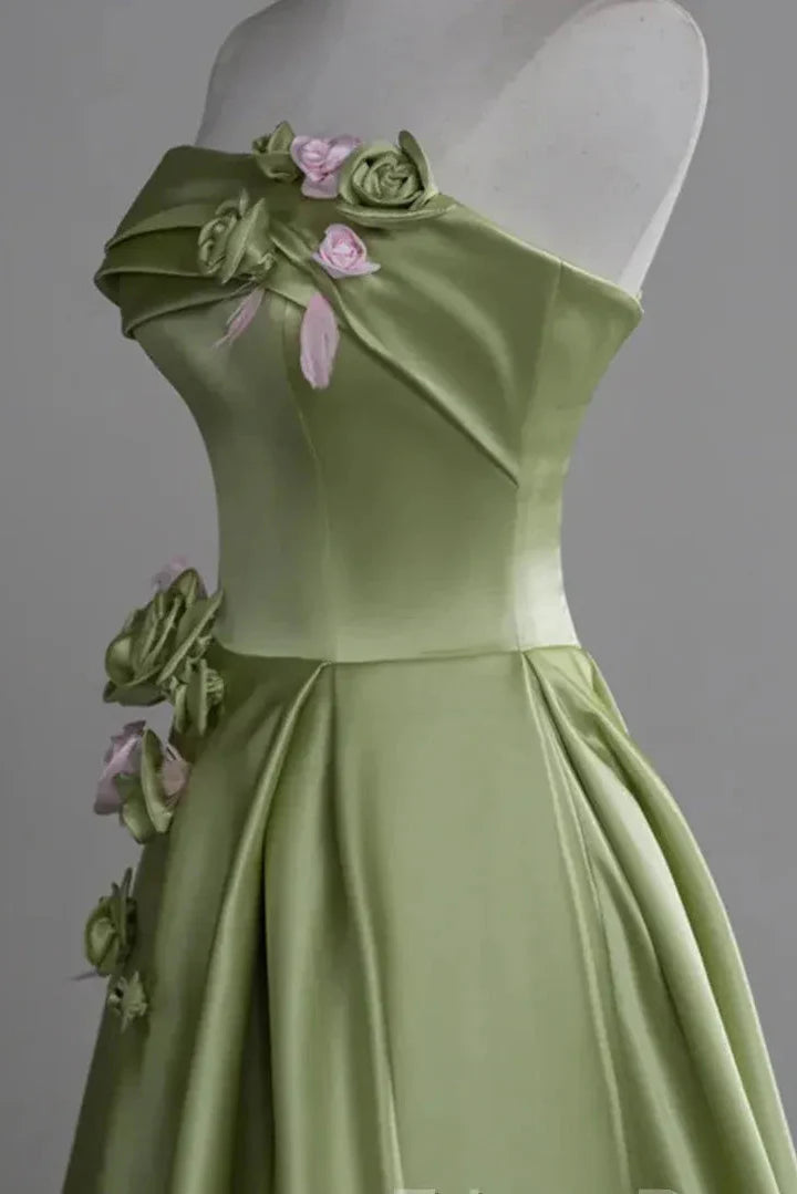 Enchanting Ballgown Strapless Sleeveless Flower-Accented Sage Maxi Prom Dress for Women Custom