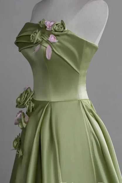 Enchanting Ballgown Strapless Sleeveless Flower-Accented Sage Maxi Prom Dress for Women Custom