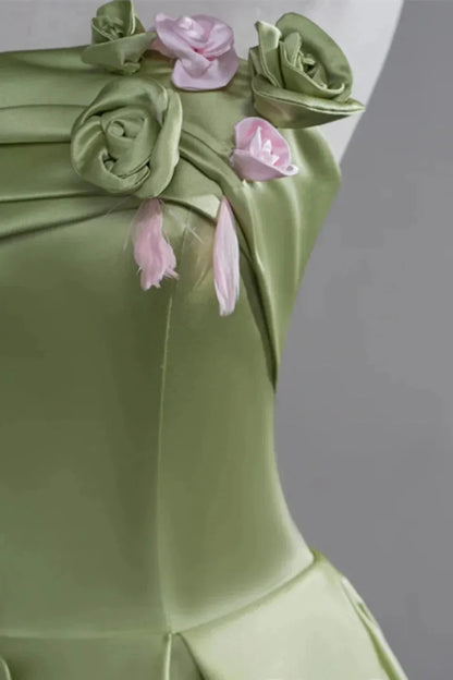 Enchanting Ballgown Strapless Sleeveless Flower-Accented Sage Maxi Prom Dress for Women Custom