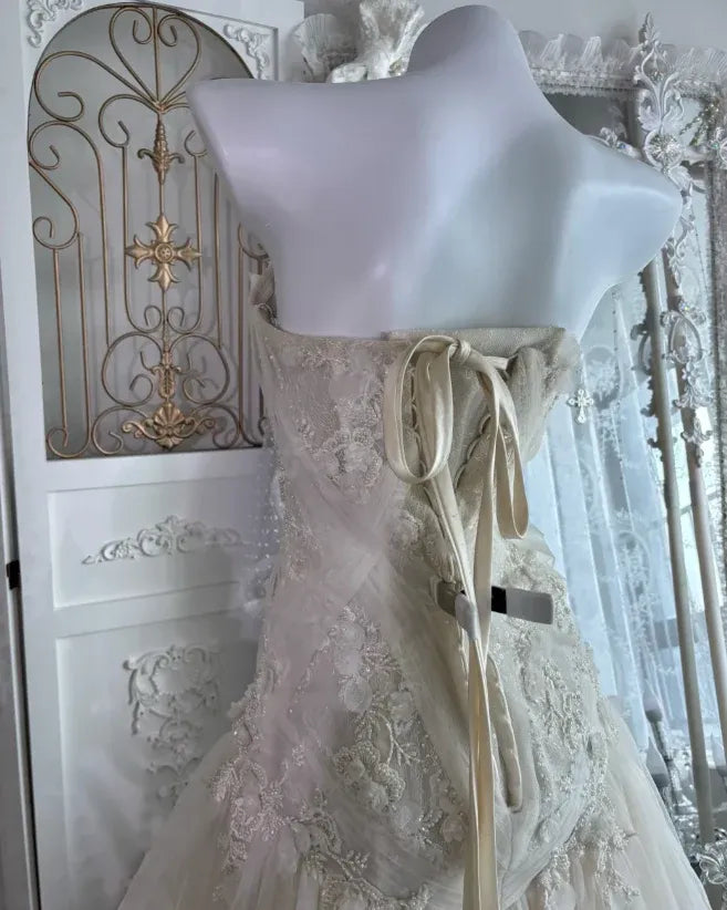 Enchanting Ballgown Strapless Sleeveless Lace-Accent Ivory Long Prom Dress for Women For Sale