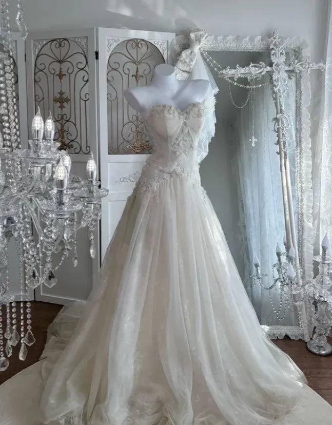 Enchanting Ballgown Strapless Sleeveless Lace-Accent Ivory Long Prom Dress for Women For Sale