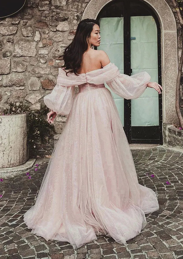 Enchanting Glitter-Tulle Floor-Length Evening Dress Blush Off-the-Shoulder Puff-Sleeve Women