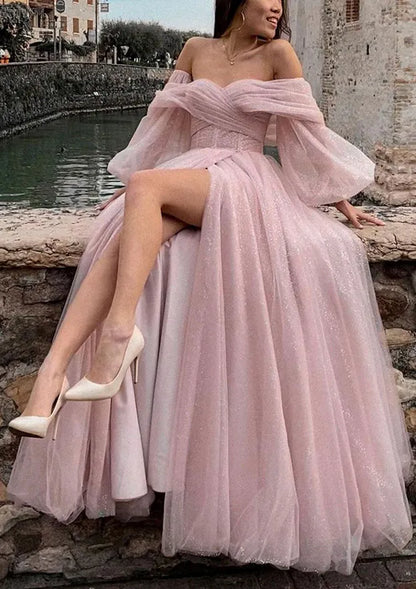 Enchanting Glitter-Tulle Floor-Length Evening Dress Blush Off-the-Shoulder Puff-Sleeve Women