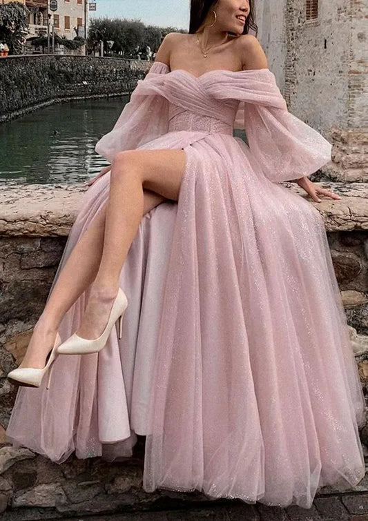 Enchanting Glitter-Tulle Floor-Length Evening Dress Blush Off-the-Shoulder Puff-Sleeve Women