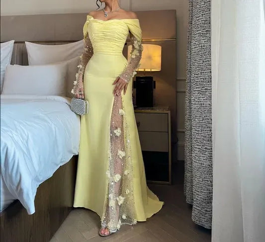 Enchanting Mermaid Off-Shoulder Long-Sleeve Floral-Embellished Satin Yellow Maxi Evening Dress