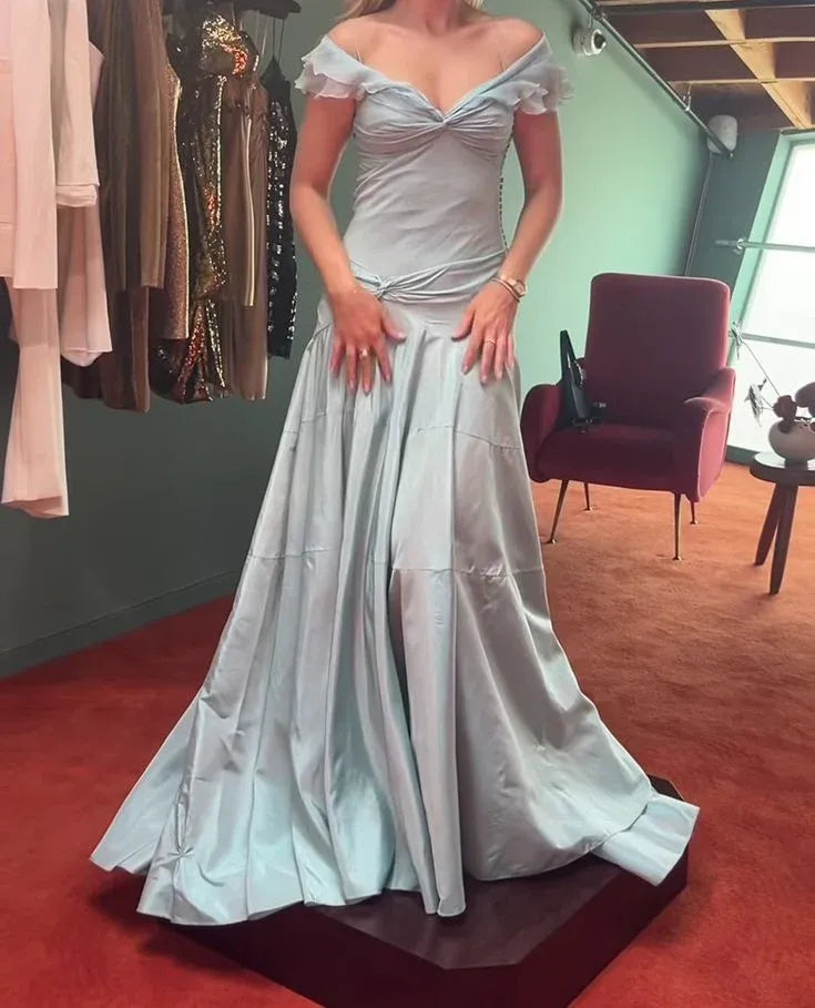 Enchanting Mermaid Off-the-shoulder Ruffled Dusty Blue Maxi Prom Dress for Women Custom