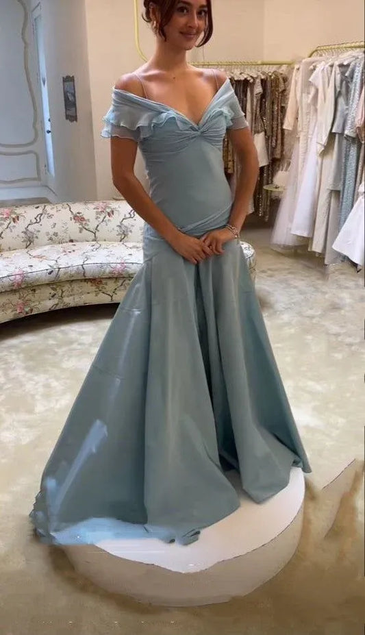 Enchanting Mermaid Off-the-shoulder Ruffled Dusty Blue Maxi Prom Dress for Women Custom