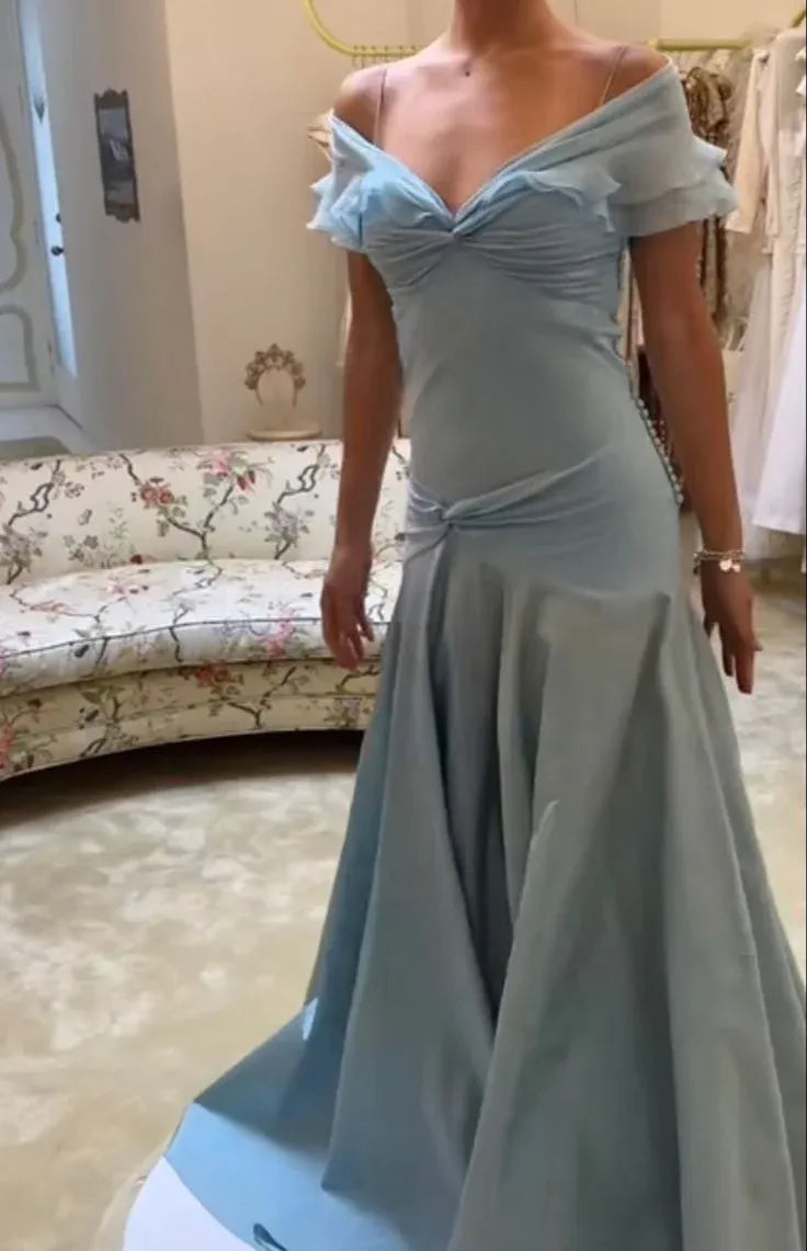 Enchanting Mermaid Off-the-shoulder Ruffled Dusty Blue Maxi Prom Dress for Women Custom