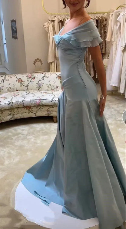 Enchanting Mermaid Off-the-shoulder Ruffled Dusty Blue Maxi Prom Dress for Women Custom