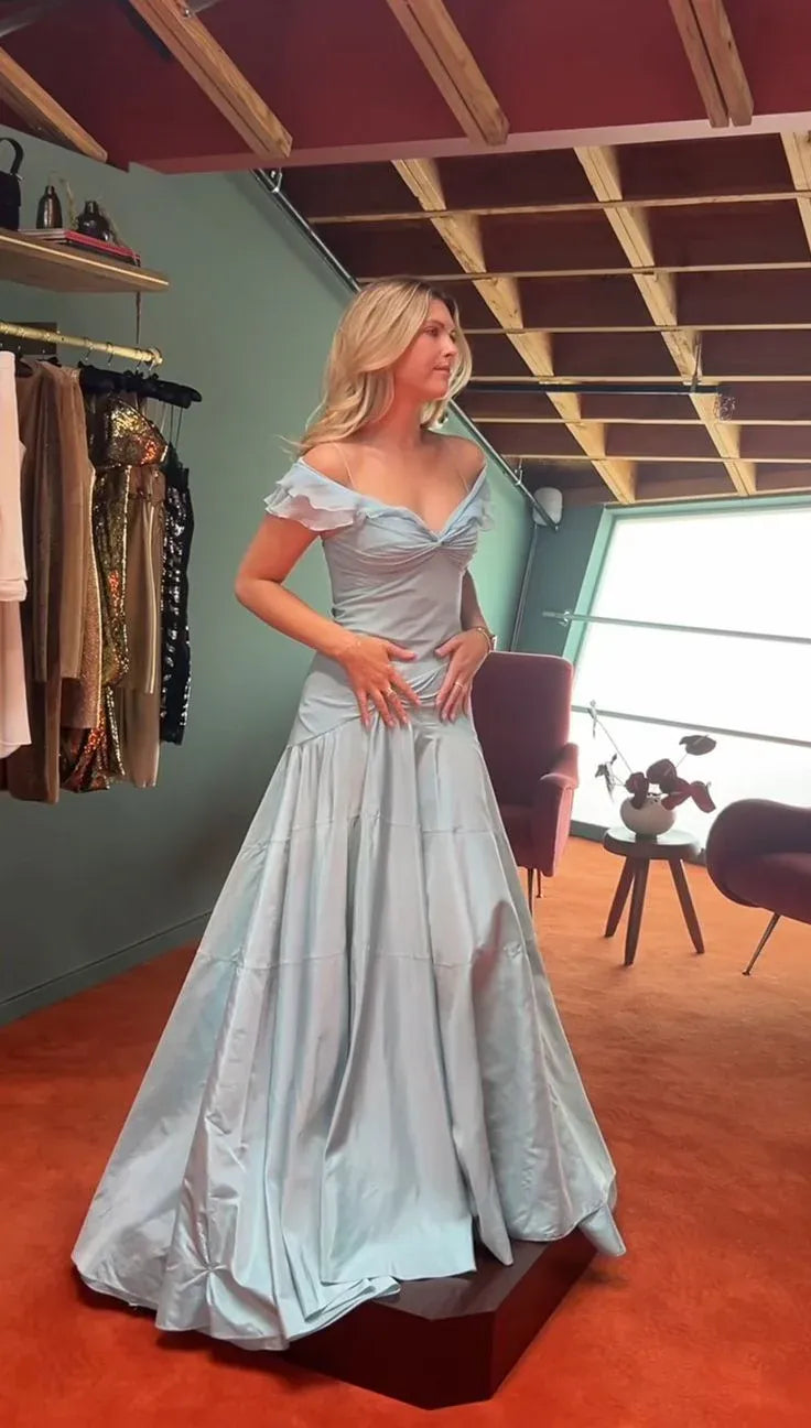 Enchanting Mermaid Off-the-shoulder Ruffled Dusty Blue Maxi Prom Dress for Women Custom
