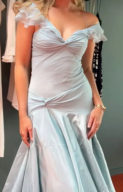 Enchanting Mermaid Off-the-shoulder Ruffled Dusty Blue Maxi Prom Dress for Women Custom