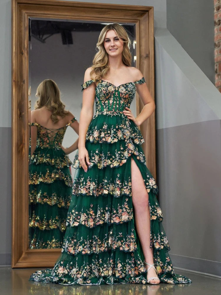 Enchanting Tiered Off-the-Shoulder Floral Emerald Green Long Prom Dress